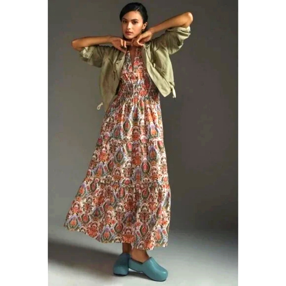 Anthropologie Women Maxi Dress Boho The Somerset Lemon Preppy Cotton Sz L P NWT
